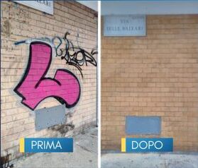 Prima/dopo di rimozione graffiti a Ostia, pulizia facciate